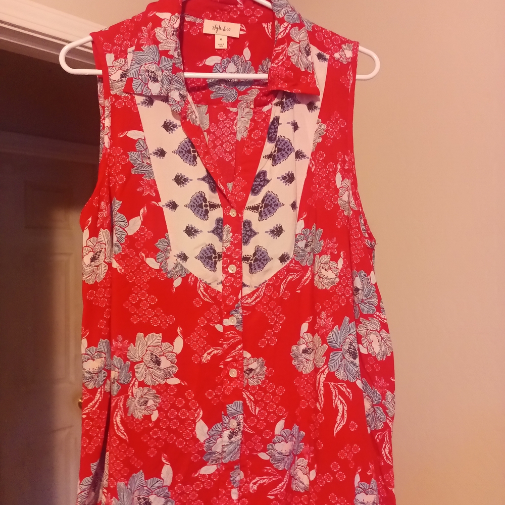 Alfred Dunner Red Button Down Blouse with Notched Collar